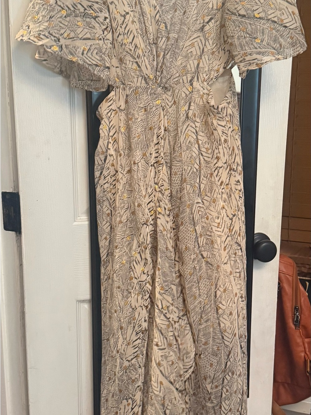 Main Strip Beige Patterned Maxi Dress with Gold Dot Accents